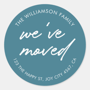 Modern Teal Blue Green Script We've Moved Address  Classic Round Sticker