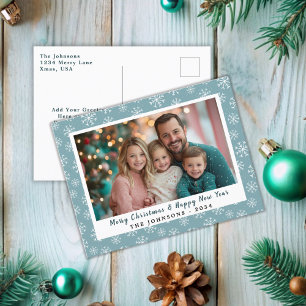 Modern Teal Blue Green Snowflakes Holiday Photo Postcard