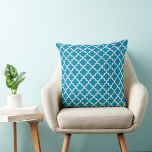 Modern Teal Blue Moroccan Quatrefoil Pattern Throw Pillow