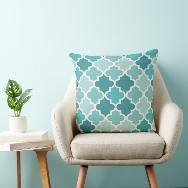Modern Teal Blue Moroccan Quatrefoil Tile Pattern Throw Pillow (Chair)