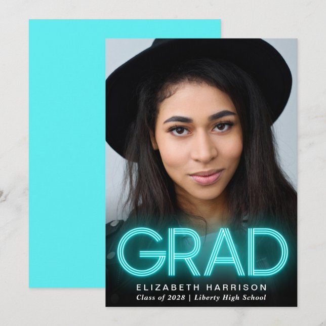 Modern Teal Blue Neon Graduation Announcement (Front/Back)