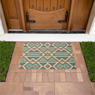 Modern Teal Blue Orange Taupe Brown Art Pattern Doormat