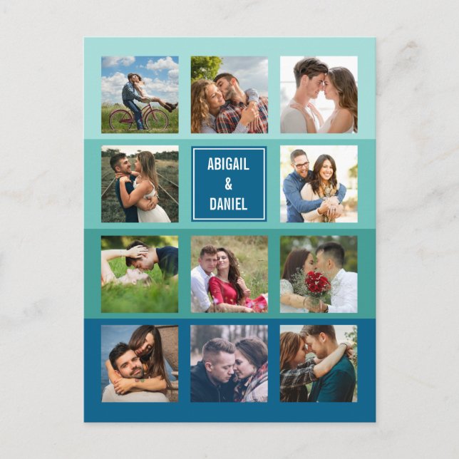Modern Teal Blue Photo Collage Save the Date Postcard (Front)