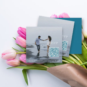 Modern Teal Blue Photo Minimalist Wedding QR Code Enclosure Card