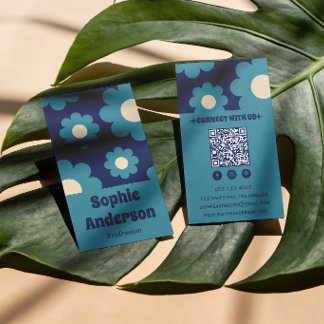 Modern Teal Blue Retro Floral Pattern with QR Code Business Card