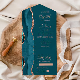 Modern Teal Blue Rose Gold Agate Wedding All In One Invitation