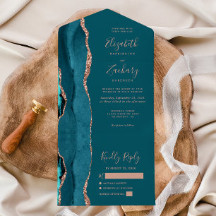 Modern Teal Blue Rose Gold Agate Wedding All In One Invitation