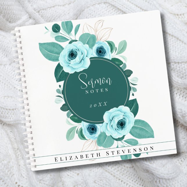 Modern Teal Blue Sermon Notes Custom Year & Name Notebook (Creator Uploaded)