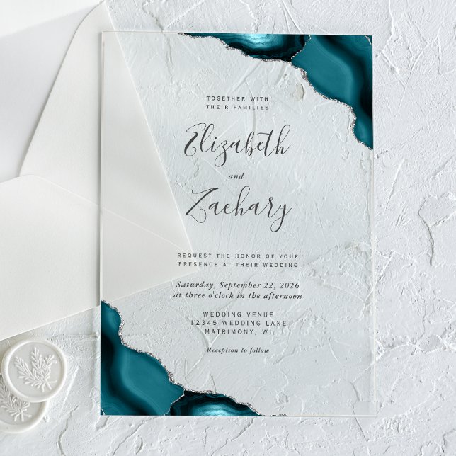Modern Teal Blue Silver Agate Corners Wedding Acrylic Invitations (Creator Uploaded)