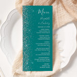 Modern Teal Blue Silver Glitter Edge Wedding Menu<br><div class="desc">The left-hand edge of this elegant modern wedding menu features a silver faux glitter design. The customizable text combines silver grey handwriting,  copperplate and italic fonts on a teal blue background. The reverse side features a matching teal and silver glitter design.</div>