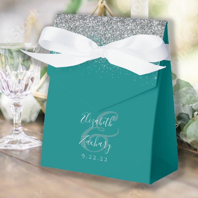 Modern Teal Blue Silver Glitter Wedding Favor Box (Creator Uploaded)