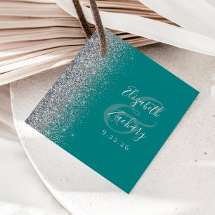 Modern Teal Blue Silver Glitter Wedding Favour Tags