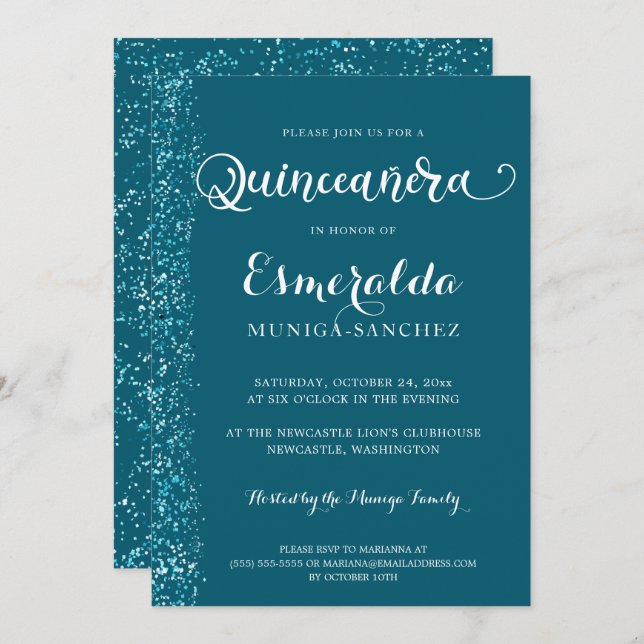 Modern Teal Blue Silver Sparkle Quinceanera Invitation (Front/Back)