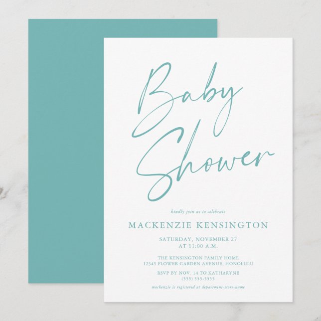 Modern Teal Blue Simple Script Baby Shower Invitation (Front/Back)