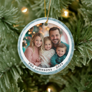 Modern Teal Blue Snowflakes Round Family Photo Ceramic Ornament
