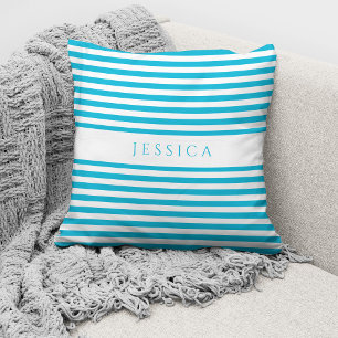 Modern Teal Blue Stripes Pattern Name Throw Pillow