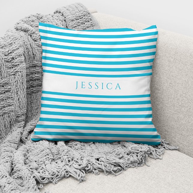 Modern Teal Blue Stripes Pattern Name Throw Pillow (Creator Uploaded)