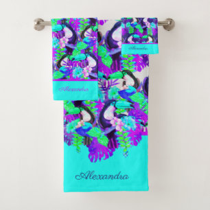Modern Teal Blue Toucan Monogram Initial Name   Ba Bath Towel Set