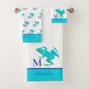 Modern Teal Blue Tree Frog Monogram Initial Name  Bath Towel Set