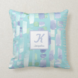 Modern Teal Blue Watercolor Brush Strokes Monogram Throw Pillow