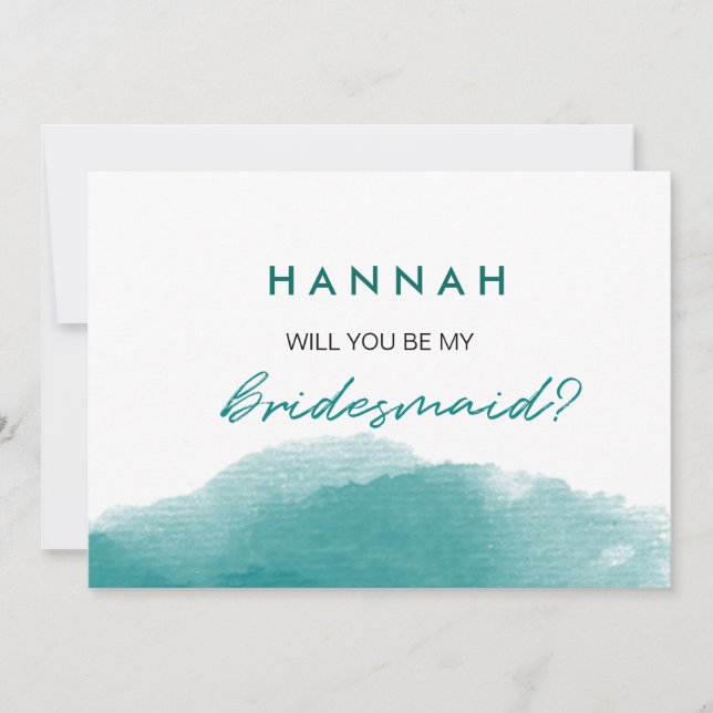 Modern Teal Blue Watercolor Script Bridesmaid Card (Front)