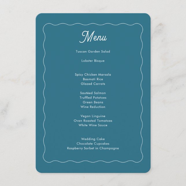 Modern Teal Blue Wave Frame Script Wedding  Menu (Front)