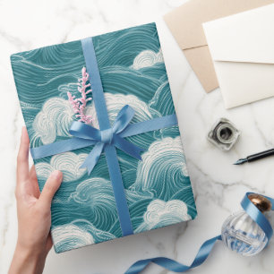 Modern Teal Blue Wave Motion Abstract Pattern Wrapping Paper