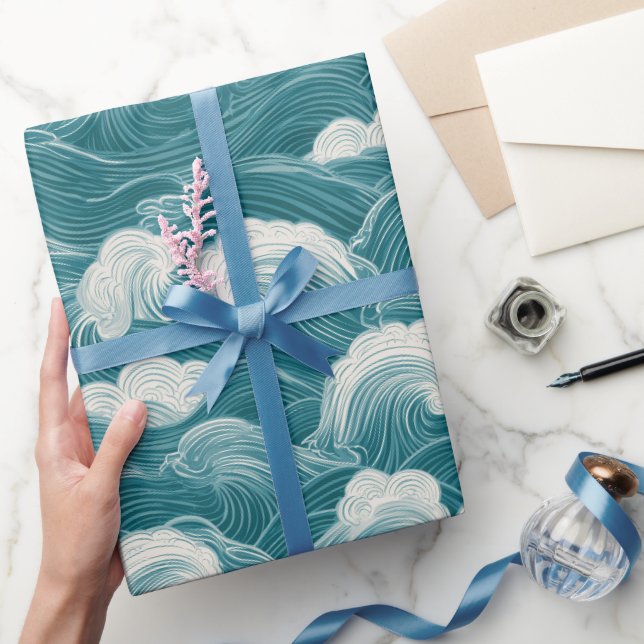 Modern Teal Blue Wave Motion Abstract Pattern Wrapping Paper (Gifting)