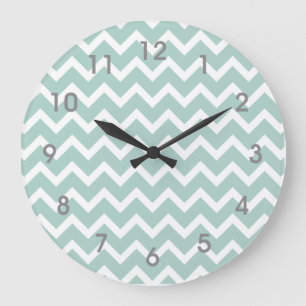 Modern Teal Blue White Chevron Clock grey numbers