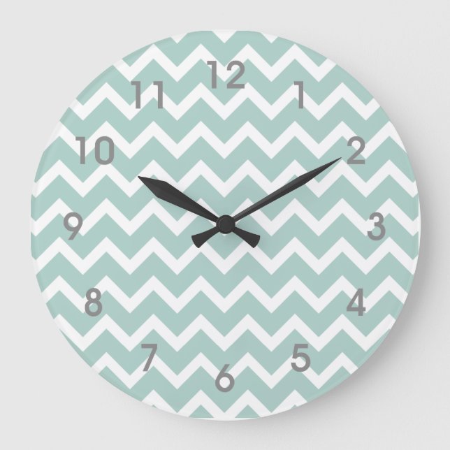 Modern Teal Blue White Chevron Clock grey numbers (Front)