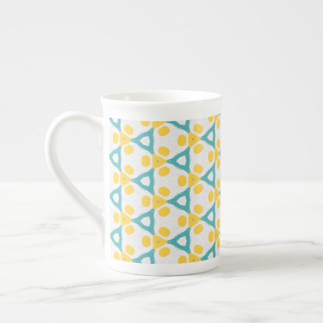 Modern Teal Blue Yellow & White Geometric Pattern  Bone China Mug (Left)