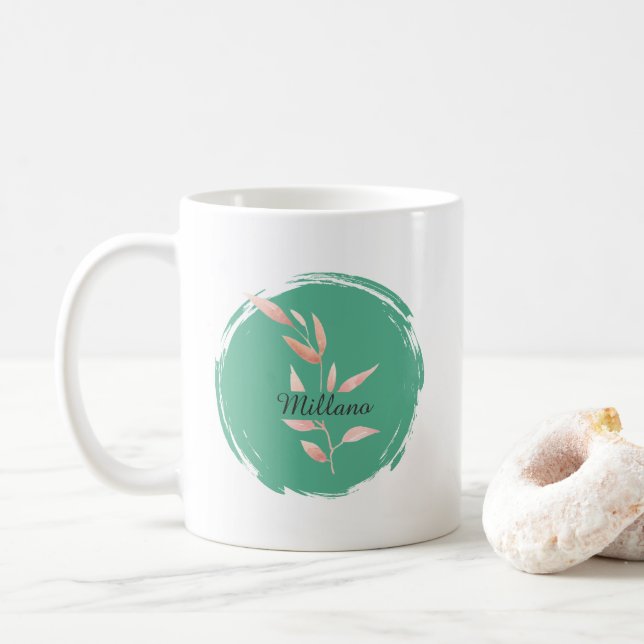 Modern Teal Botanical Leaves Decorative Throw  Coffee Mug (With Donut)