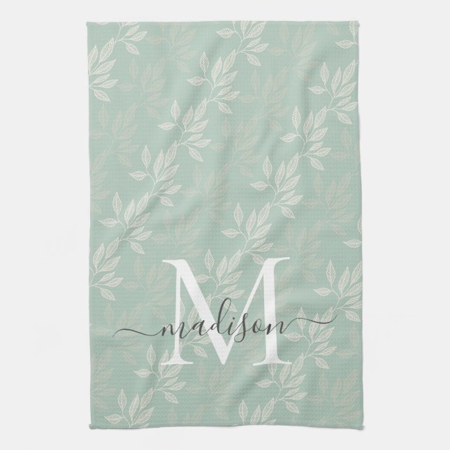 Modern Teal Botanical Leaves Monogram Script Name Kitchen Towel (Vertical)