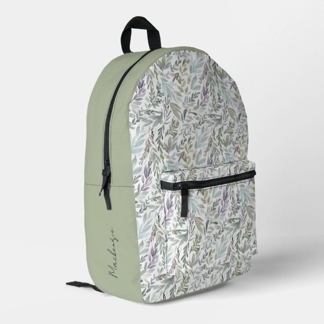 Modern Teal Botanical Pattern Custom Name Printed Backpack (Back Corner Left)
