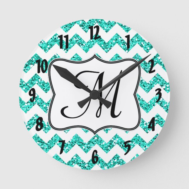 Modern Teal Chevron Monogram Initial Wall Clock (Front)