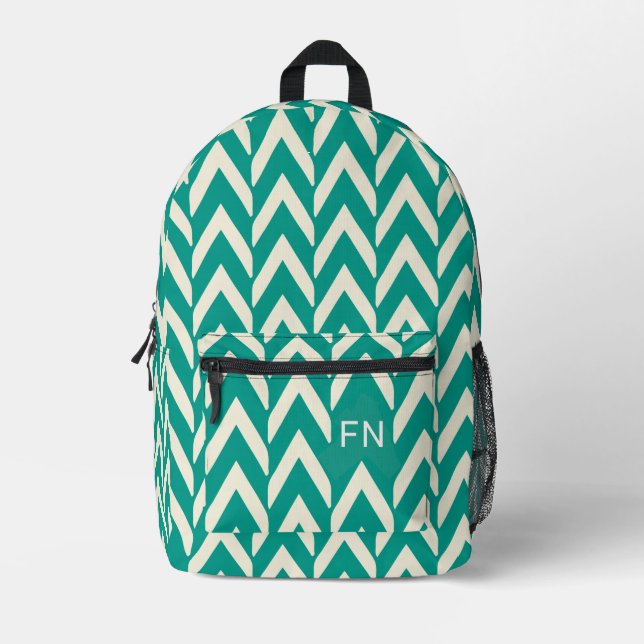 Modern Teal Chevron Monogram Initials Printed Backpack (Front)