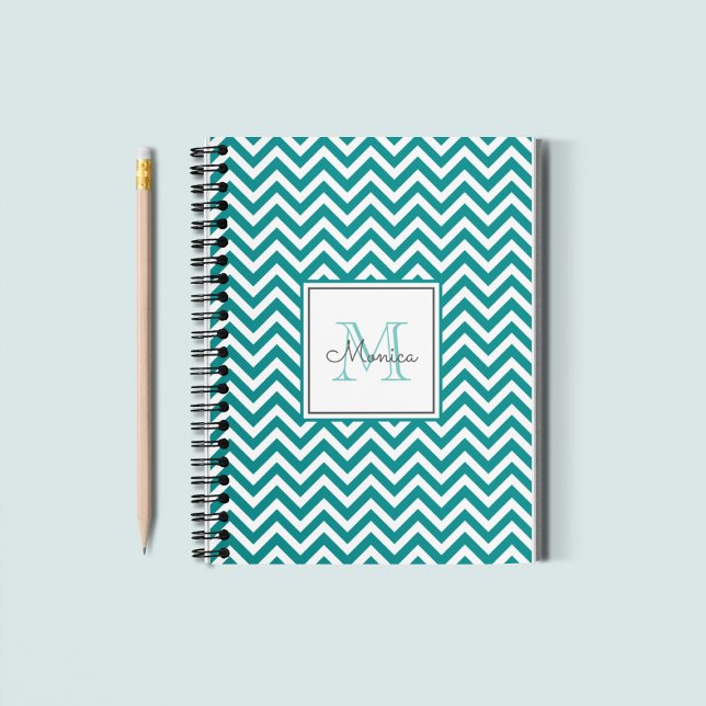 Modern Teal Chevron Pattern Monogram Notebook (Creator Uploaded)