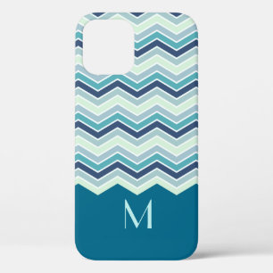 Modern Teal Chevron Stripes Monogram iPhone 12 Pro Case