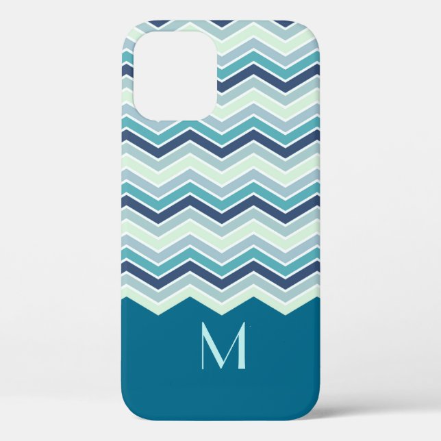 Modern Teal Chevron Stripes Monogram Case-Mate iPhone Case (Back)