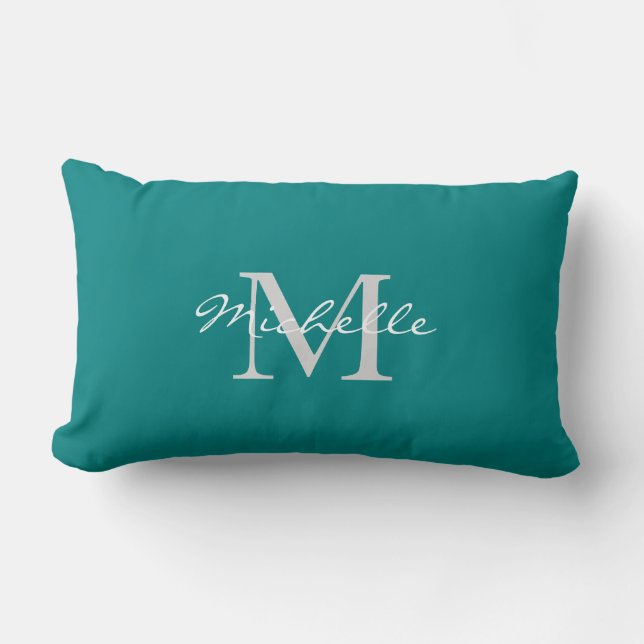 Modern teal coloured personal monogram and name lumbar pillow (Front)