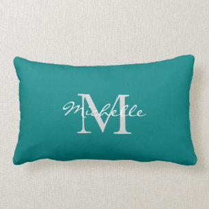 Modern teal coloured personal monogram and name lumbar pillow