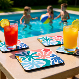 Modern Teal Coral Tropical Palm Abstract Summer Coaster
