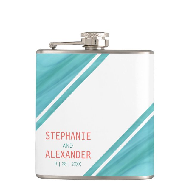 Modern Teal Coral Wedding Hip Flask (Front)