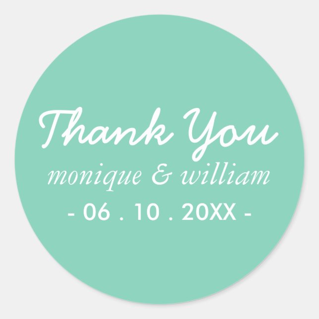 Modern Teal Cursive Thank You Wedding Classic Round Sticker (Front)