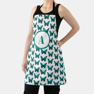 Modern Teal Cute Butterfly Pattern Monogram Apron