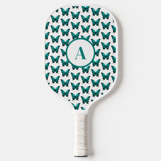 Modern Teal Cute Butterfly Pattern Monogram Pickleball Paddle (Front)