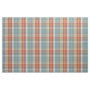 Modern Teal Dark Blue Orange White Plaid Pattern Fabric