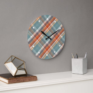 Modern Teal Dark Blue Orange White Plaid Pattern Large Clock