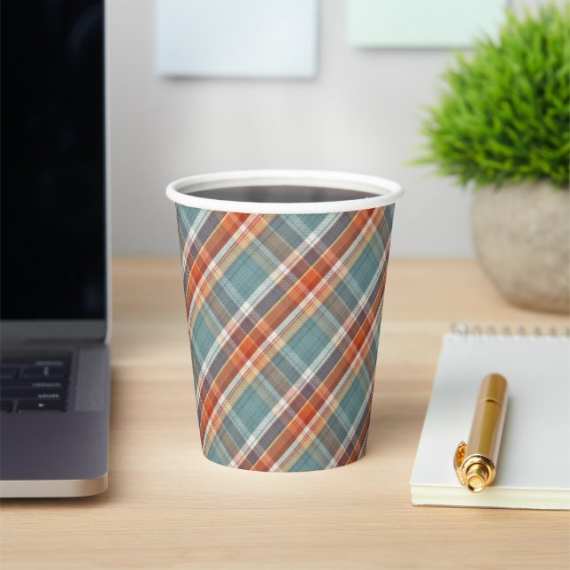 Modern Teal Dark Blue Orange White Plaid Pattern Paper Cups (Insitu)