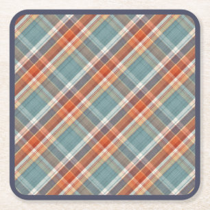 Modern Teal Dark Blue Orange White Plaid Pattern Square Paper Coaster